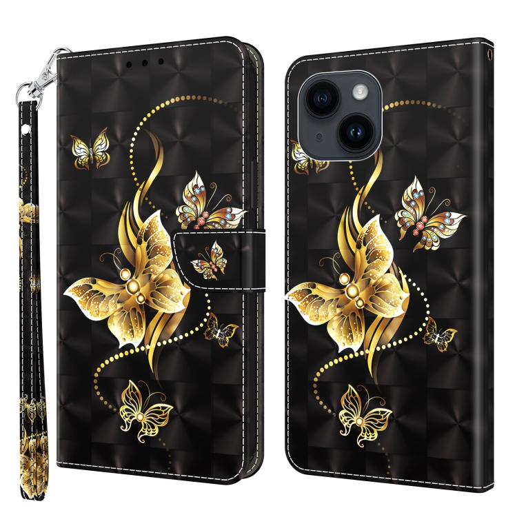 

For iPhone 15 3D Painted Leather Phone Case(Golden Swallow Butterfly)