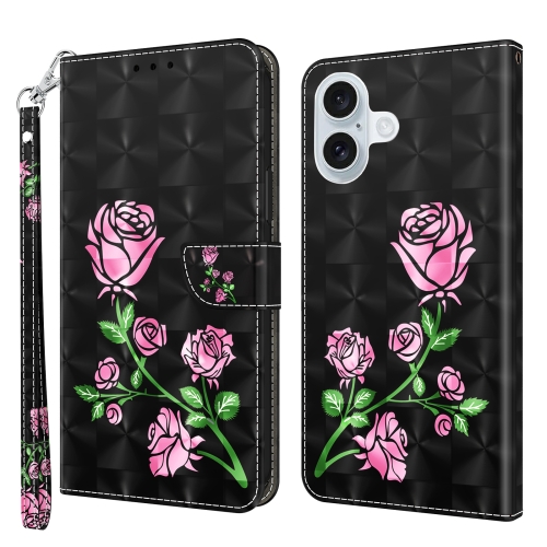 

For iPhone 16 Plus 3D Painted Leather Phone Case(Rose)