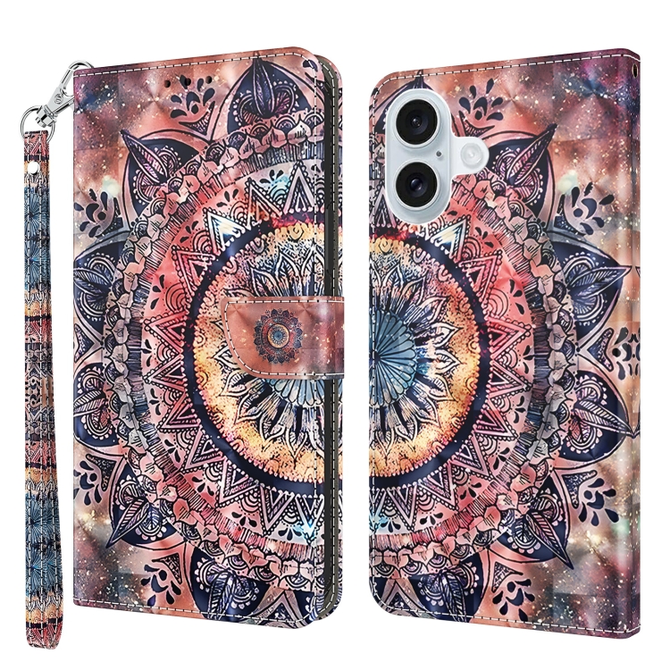 

For iPhone 16 Plus 3D Painted Leather Phone Case(Colorful Mandala)