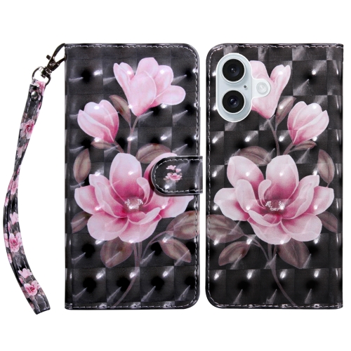 

For iPhone 16 3D Painted Leather Phone Case(Pink Flower)