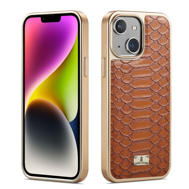 

For iPhone 15 Fierre Shann Python Texture Electroplating PU Phone Case(Brown)
