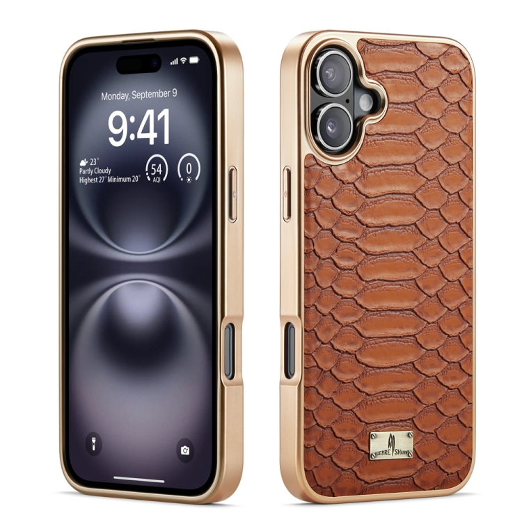 

For iPhone 16 Fierre Shann Python Texture Electroplating PU Phone Case(Brown)