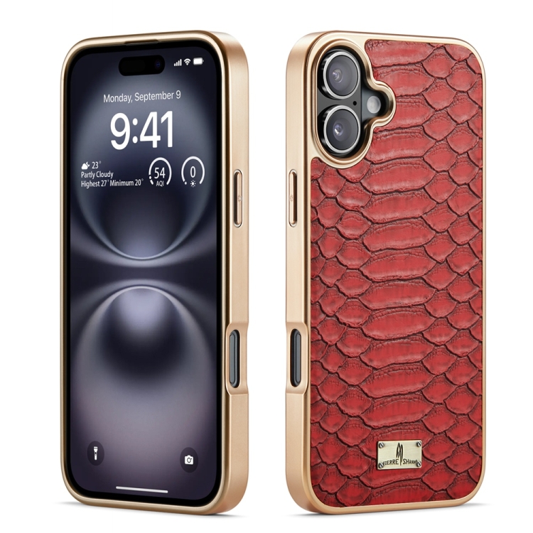

For iPhone 16 Fierre Shann Python Texture Electroplating PU Phone Case(Red)