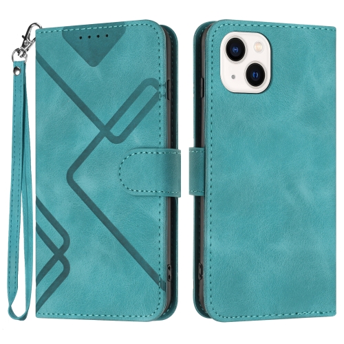For iPhone 15 Plus Line Pattern Skin Feel Leather Phone Case(Light Blue) for iphone 15 marble pattern dual side imd magsafe tpu phone case blue marble