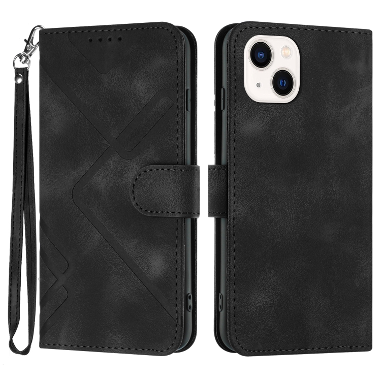 

For iPhone 15 Plus Line Pattern Skin Feel Leather Phone Case(Black)