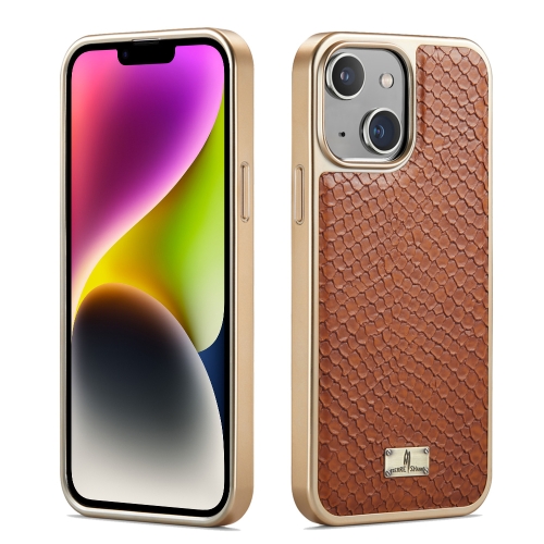 

For iPhone 15 Plus Fierre Shann Snake Texture Electroplating PU Phone Case(Brown)