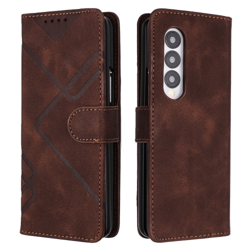 For Samsung Galaxy Z Fold4 Line Pattern Skin Feel Leather Phone Case(Coffee) for samsung galaxy z fold4 silicone wristband holder foldable phone case clear