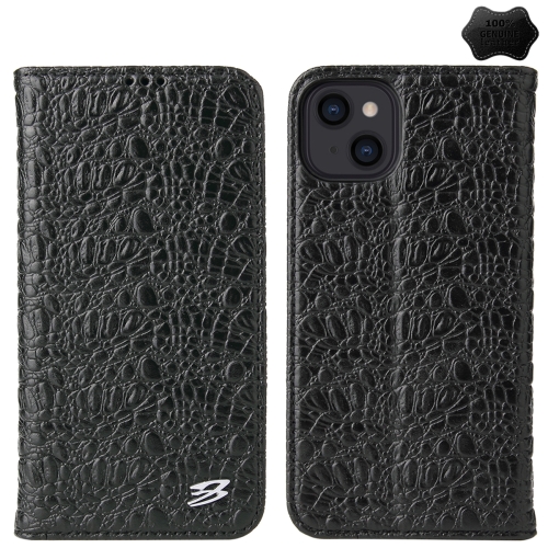 

For iPhone 15 Fierre Shann Crocodile Texture Magnetic Genuine Leather Phone Case(Black)