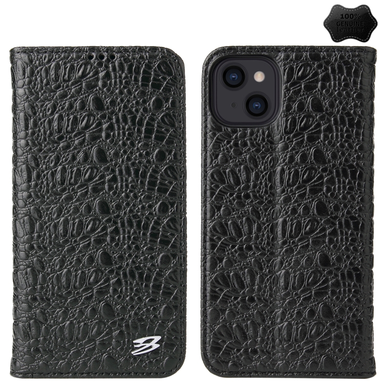 

For iPhone 14 Fierre Shann Crocodile Texture Magnetic Genuine Leather Phone Case(Black)