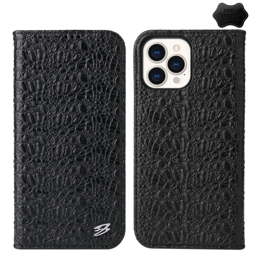 

For iPhone 14 Pro Fierre Shann Crocodile Texture Magnetic Genuine Leather Phone Case(Black)