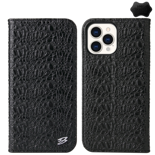 

For iPhone 14 Pro Max Fierre Shann Crocodile Texture Magnetic Genuine Leather Phone Case(Black)
