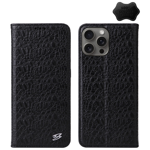 

For iPhone 16 Pro Max Fierre Shann Crocodile Texture Magnetic Genuine Leather Phone Case(Black)