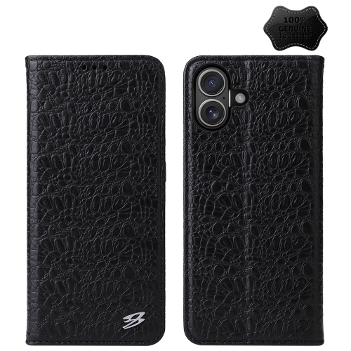 

For iPhone 16 Plus Fierre Shann Crocodile Texture Magnetic Genuine Leather Phone Case(Black)