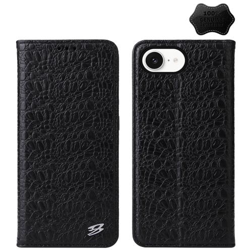 

For iPhone 16e Fierre Shann Crocodile Texture Magnetic Genuine Leather Phone Case(Black)