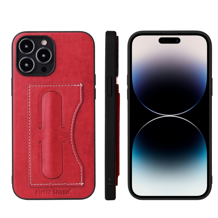 

For iPhone 15 Pro Fierre Shann Holder Back Cover PU Phone Case(Red)