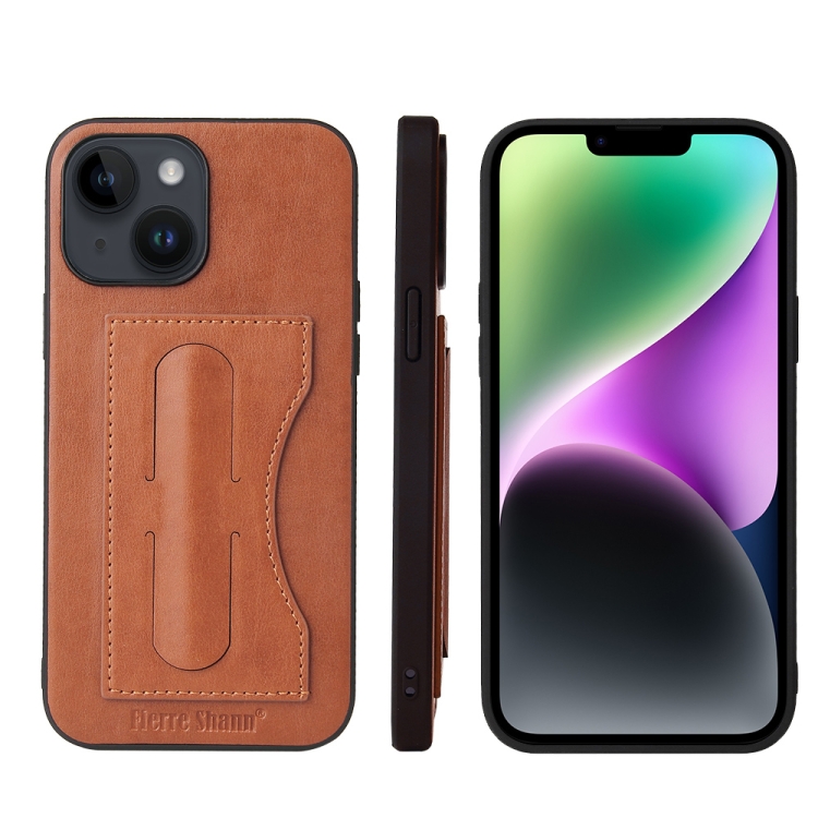

For iPhone 15 Plus Fierre Shann Holder Back Cover PU Phone Case(Brown)