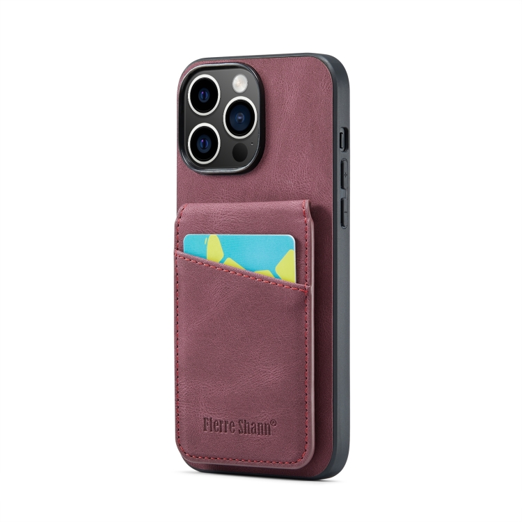 

For iPhone 15 Pro Max Fierre Shann Crazy Horse Card Holder Back Cover PU Phone Case(Wine Red)
