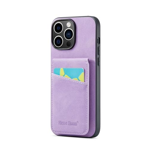 

For iPhone 15 Pro Fierre Shann Crazy Horse Card Holder Back Cover PU Phone Case(Purple)