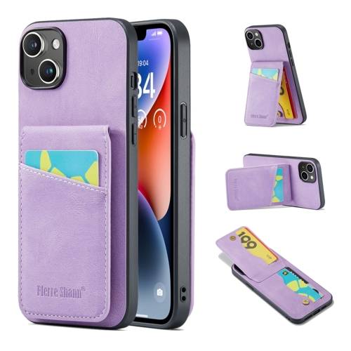 

For iPhone 15 Plus Fierre Shann Crazy Horse Card Holder Back Cover PU Phone Case(Purple)