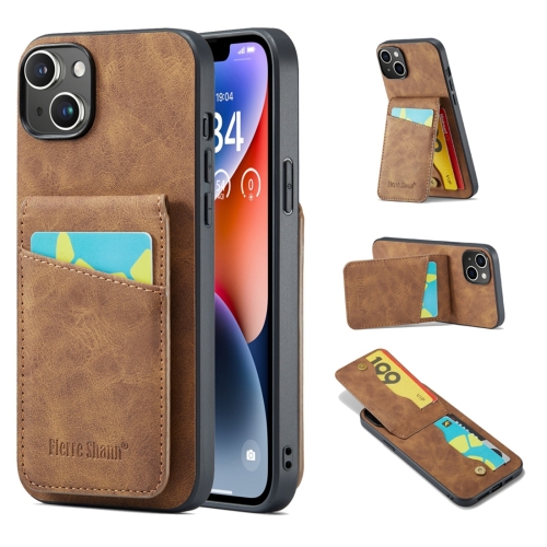 For iPhone 15 Fierre Shann Crazy Horse Card Holder Back Cover PU Phone Case(Brown) for iphone 12 12 pro fierre shann oil wax cow leather card holder back phone case blue