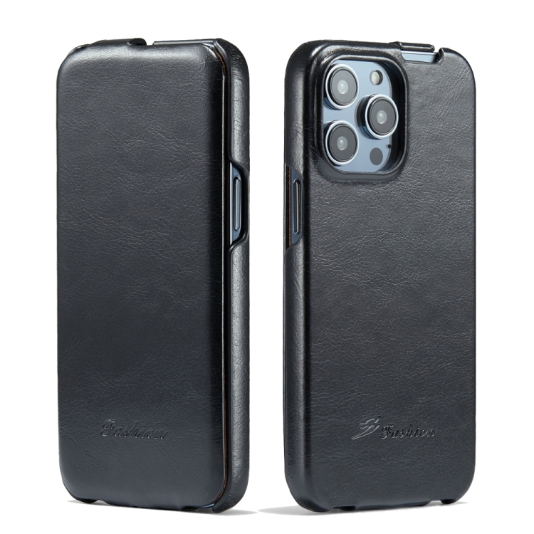 

For iPhone 15 Pro Fierre Shann Oil Wax Texture Vertical Flip PU Phone Case(Black)