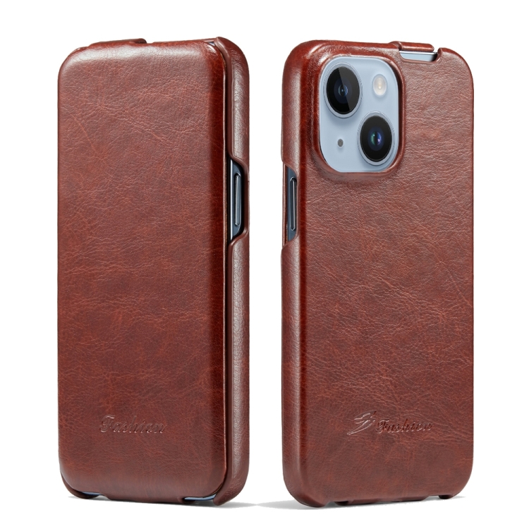 

For iPhone 15 Fierre Shann Oil Wax Texture Vertical Flip PU Phone Case(Brown)