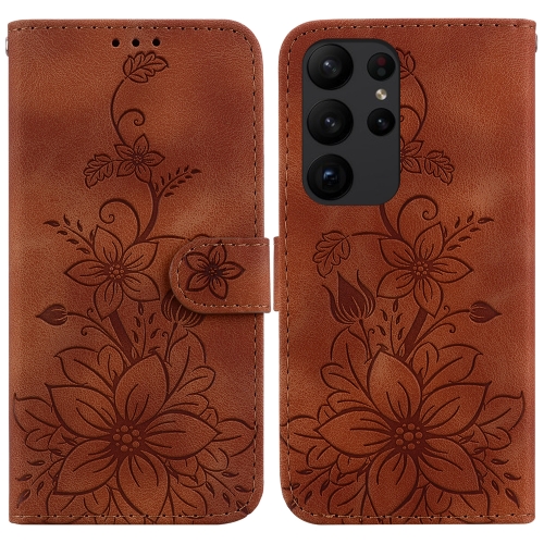 

For Samsung Galaxy S23 Ultra 5G Lily Embossed Leather Phone Case(Brown)