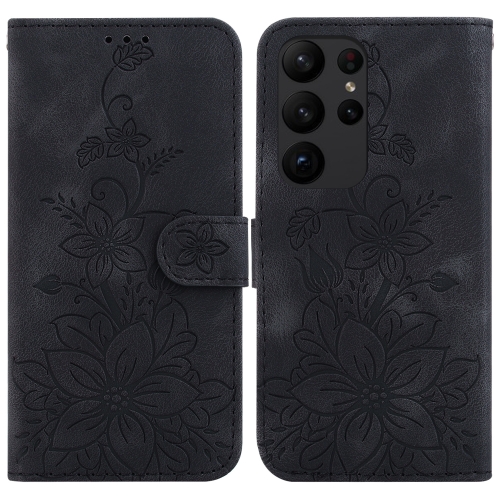 

For Samsung Galaxy S23 Ultra 5G Lily Embossed Leather Phone Case(Black)
