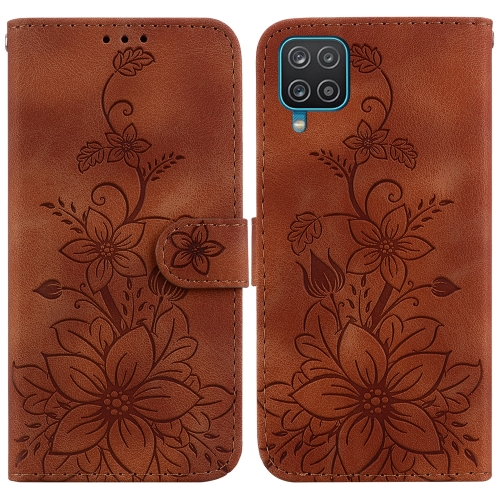 For Samsung Galaxy A12 5G Lily Embossed Leather Phone Case(Brown)