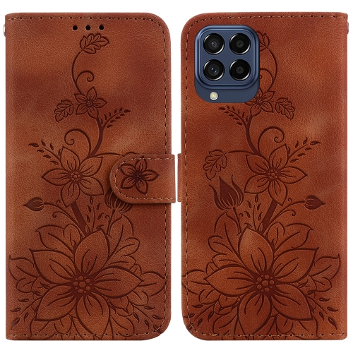 

For Samsung Galaxy M53 5G Lily Embossed Leather Phone Case(Brown)