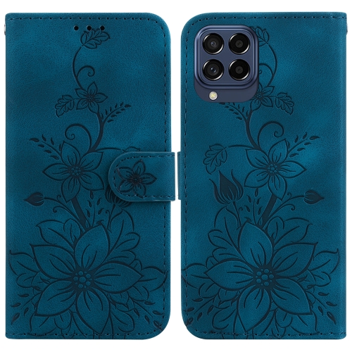 

For Samsung Galaxy M53 5G Lily Embossed Leather Phone Case(Dark Blue)