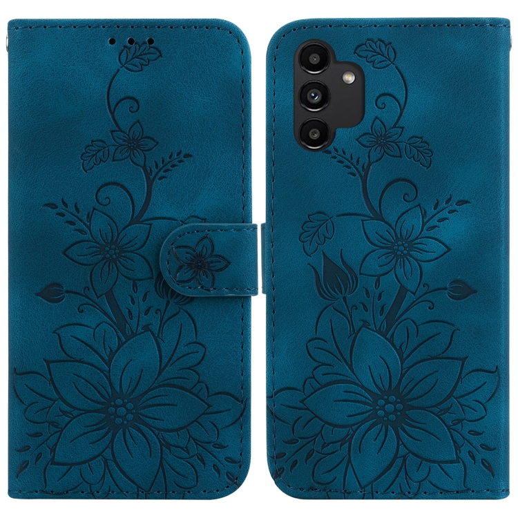 

For Samsung Galaxy A13 4G Lily Embossed Leather Phone Case(Dark Blue)