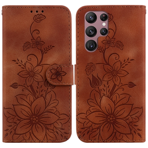 

For Samsung Galaxy S22 Ultra 5G Lily Embossed Leather Phone Case(Brown)