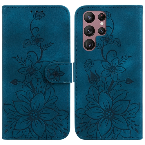 

For Samsung Galaxy S22 Ultra 5G Lily Embossed Leather Phone Case(Dark Blue)