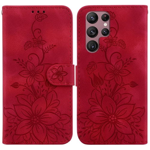 

For Samsung Galaxy S22 Ultra 5G Lily Embossed Leather Phone Case(Red)