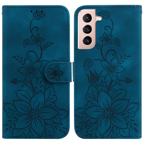 

For Samsung Galaxy S22+ 5G Lily Embossed Leather Phone Case(Dark Blue)