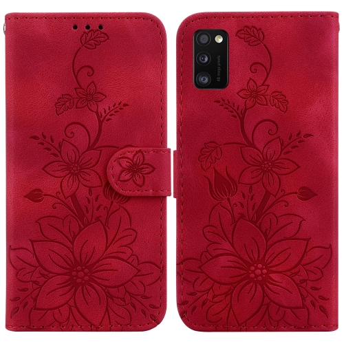 

For Samsung Galaxy A41 Lily Embossed Leather Phone Case(Red)