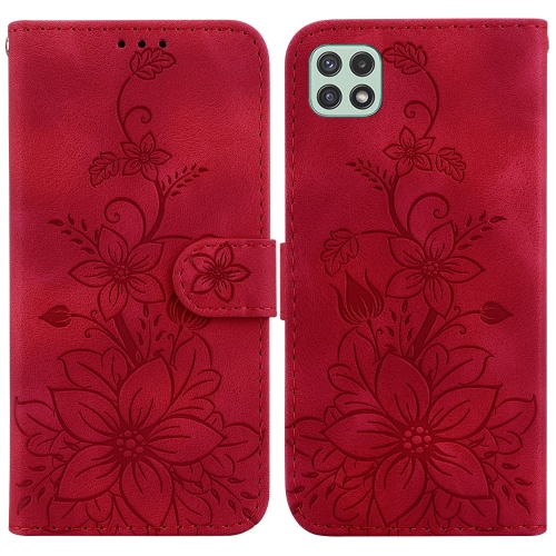 

For Samsung Galaxy A22 5G Lily Embossed Leather Phone Case(Red)