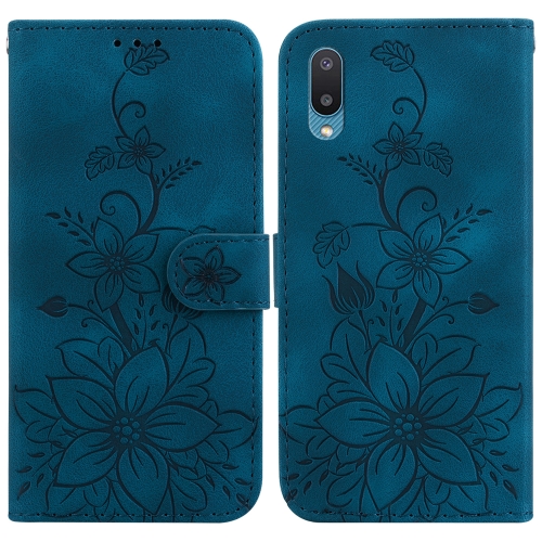 

For Samsung Galaxy A02 / M02 4G Indian Lily Embossed Leather Phone Case(Dark Blue)