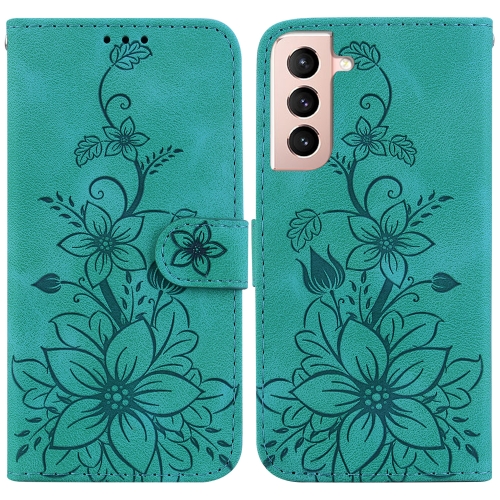 

For Samsung Galaxy S21 5G Lily Embossed Leather Phone Case(Green)