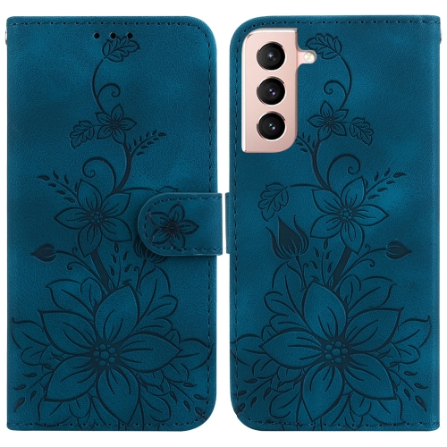 

For Samsung Galaxy S21 5G Lily Embossed Leather Phone Case(Dark Blue)