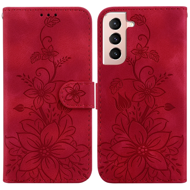 

For Samsung Galaxy S21 5G Lily Embossed Leather Phone Case(Red)