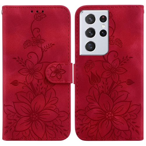 

For Samsung Galaxy S21 Ultra 5G Lily Embossed Leather Phone Case(Red)