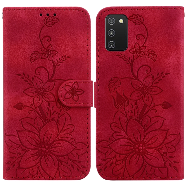 

For Samsung Galaxy A02s US 164.2mm Lily Embossed Leather Phone Case(Red)