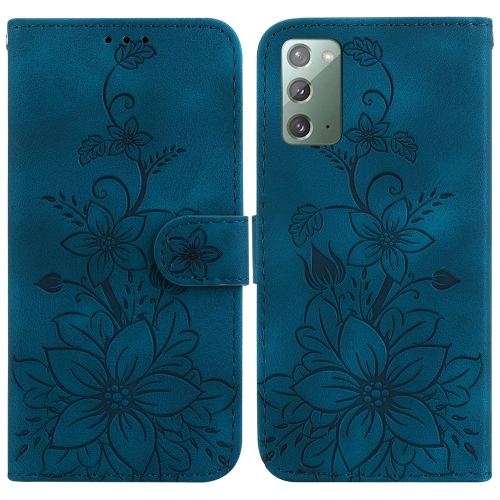 

For Samsung Galaxy Note20 Lily Embossed Leather Phone Case(Dark Blue)