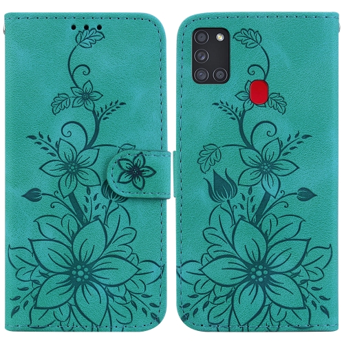 

For Samsung Galaxy A21s Lily Embossed Leather Phone Case(Green)