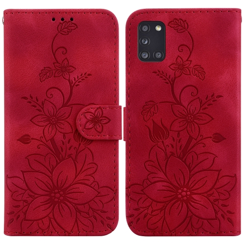 

For Samsung Galaxy A31 Lily Embossed Leather Phone Case(Red)