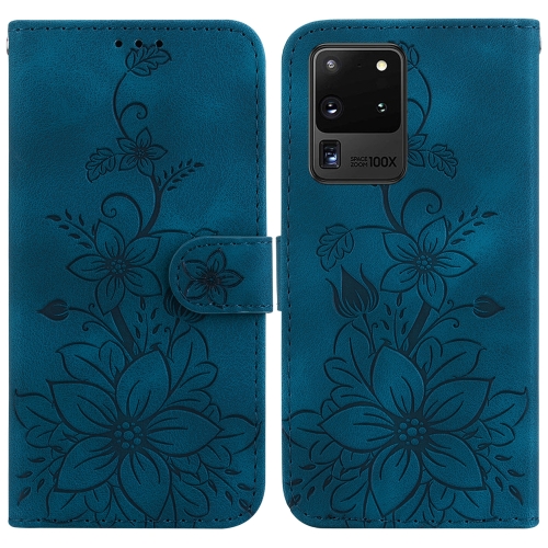 

For Samsung Galaxy S20 Ultra Lily Embossed Leather Phone Case(Dark Blue)