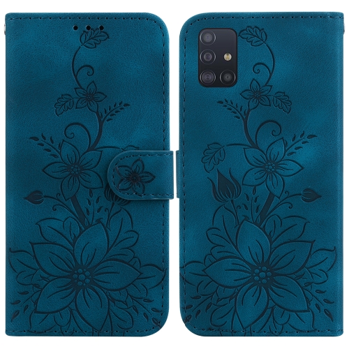 

For Samsung Galaxy A71 Lily Embossed Leather Phone Case(Dark Blue)