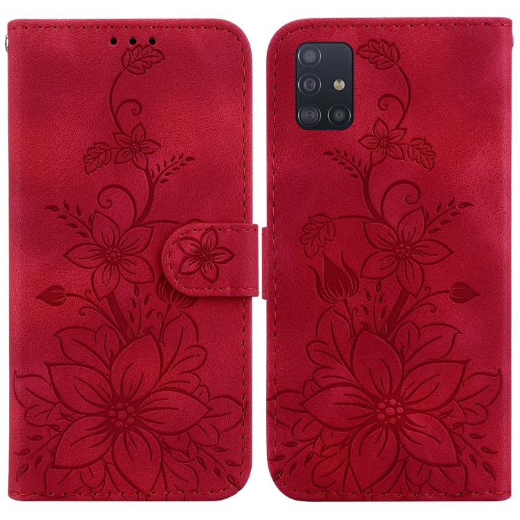 

For Samsung Galaxy A51 Lily Embossed Leather Phone Case(Red)